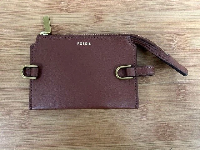 NEW-WOMEN'S FOSSIL KIER CACTUS LEATHER CARD CASE, BROWN