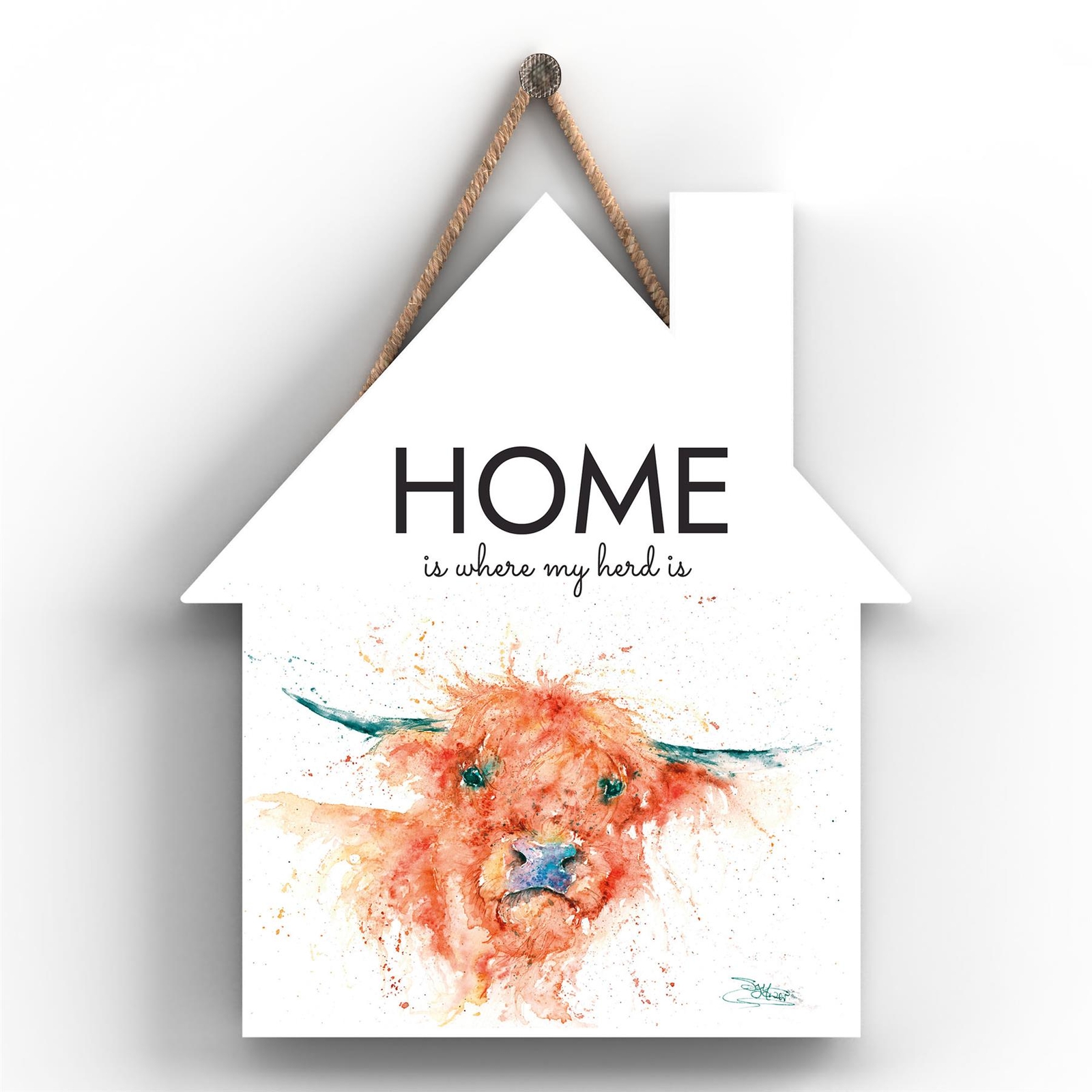 HOME MY HERD HIGHLAND COW SANDI MOWER WATERCOLOUR ARTWORK WOODEN HANGING PLAQUE
