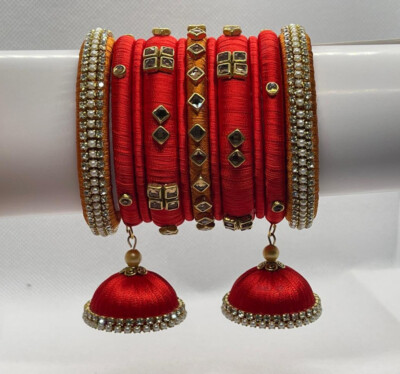 Silk Thread Bangles Red And Gold With Jhumka Hanging Size