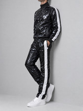 PU Nylon Track Set - Glossy Black and White Striped Athletic Suit for Men/Women
