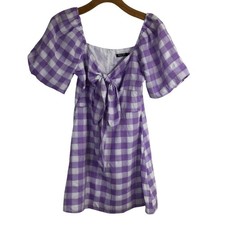 Nasty Gal Womens Mini Tie-Neck Dress Short Sleeve Gingham Purple Size 6