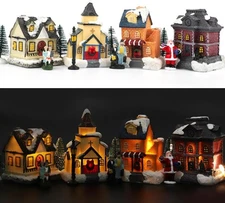 12 PCS Christmas Village Houses Set, Village Houses Figurines with LED Light