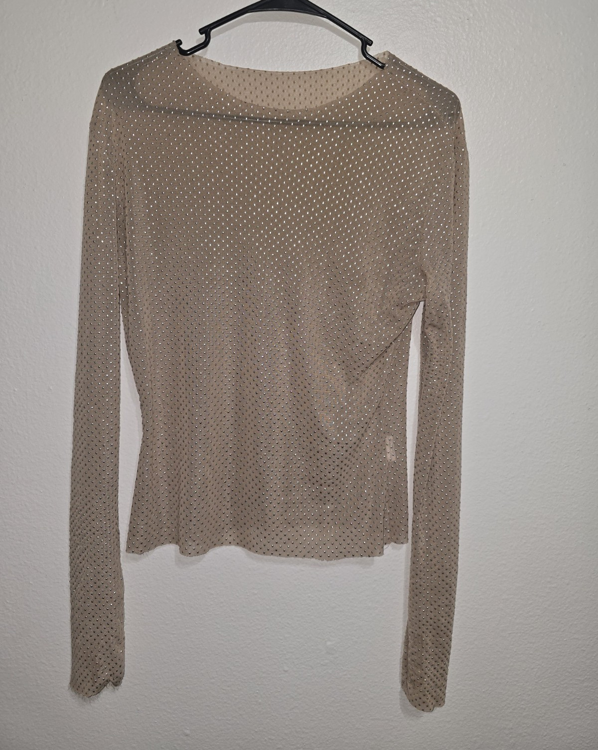 Beige Sheer Mesh Polka Dot Long Sleeve Pullover Top XL Round Neck