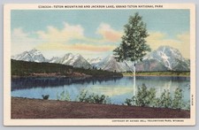 Vintage Teton Mountains Jackson Lake WY Postcard Grand Teton Park Linen