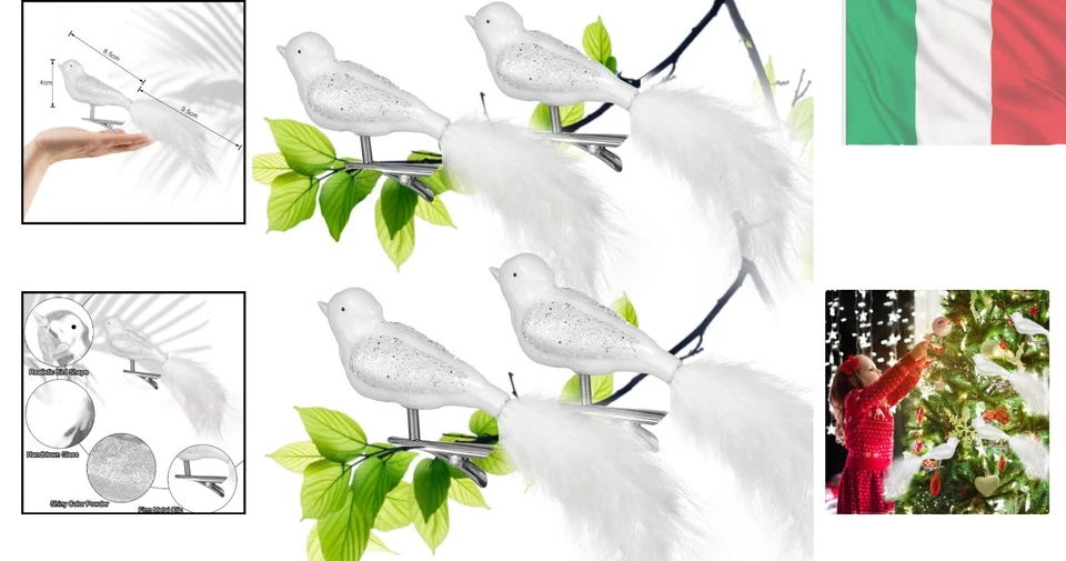 Uccellini per Albero di Natale, 4pcs Uccello Vetro per Addobbi Albero Natale,... - Immagine 2 di 4