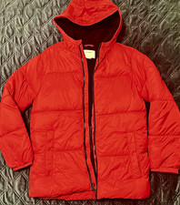 Old Navy Unisex Youth Red Hooded Puffer Jacket XL Zip Pockets Nylon Stitch Flaw