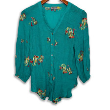 Figueroa  Flower Top Size M Button Up Boho Peasant 3/4 Sleeve Floral Turquoise