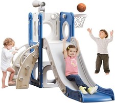 6 in 1 Toddler Playset Slide for Kids with Basketball Hoop Ring Kids Slide Blue