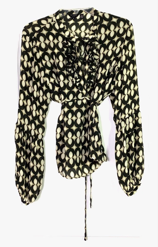 Blusa TED BAKER London Mod estampa seda babado manga bispo amarrar cintura 4 = 10 EUA - Imagem 4 de 4