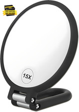 Black Magnifying Handheld Mirror Double Sided, 1X 15X Magnification, Travel-Fr