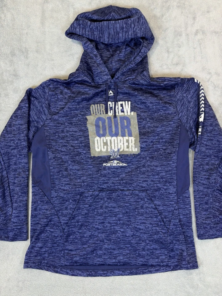 Majestic Sweater Mens XXL Blue Hoodie Milwaukee Brewers Postseason 2018 - Image 4 of 4