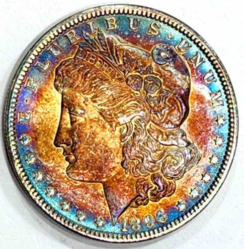 1896  Gem BU Rainbow Target Toned Better Date Morgan Dollar Old Collection
