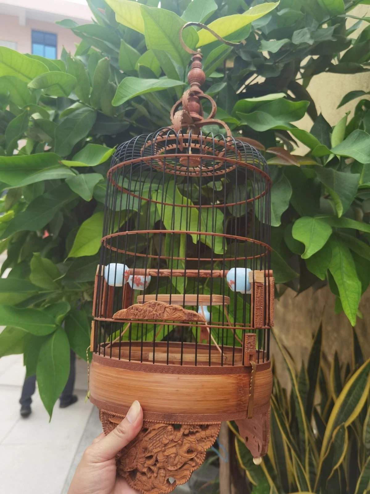 22cm Chinese Round Bamboo Carving  Wood Birdcage Display