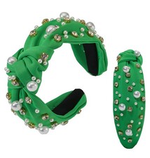 Holiday Green Pearl Knotted Jeweled Headband for Women Pearl Crystal Embellis...