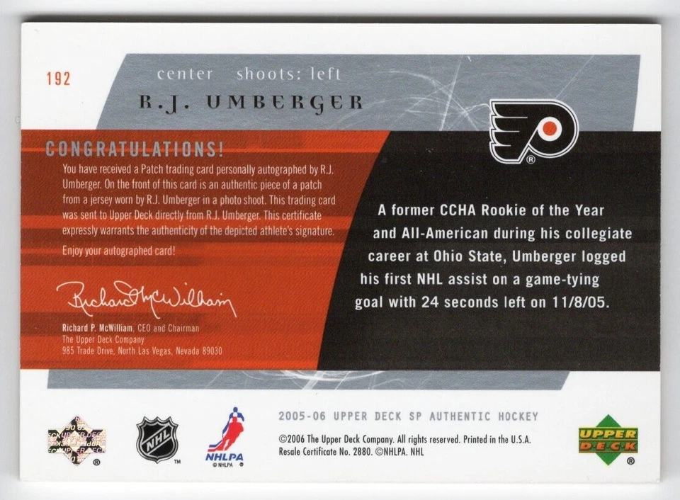 2005-06 SP Authentic Future Watch Limited Auto Patch #192 R.J. Umberger 017/100 - Image 2 of 2
