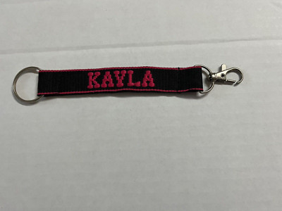 Kayla Embroidered Name Strap Key Rings Keychains with Clasp black and pink