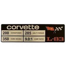 C3 Corvette Spec Data Plate Embossed Scratch-Resistant Aluminum L-83 Engine 1982
