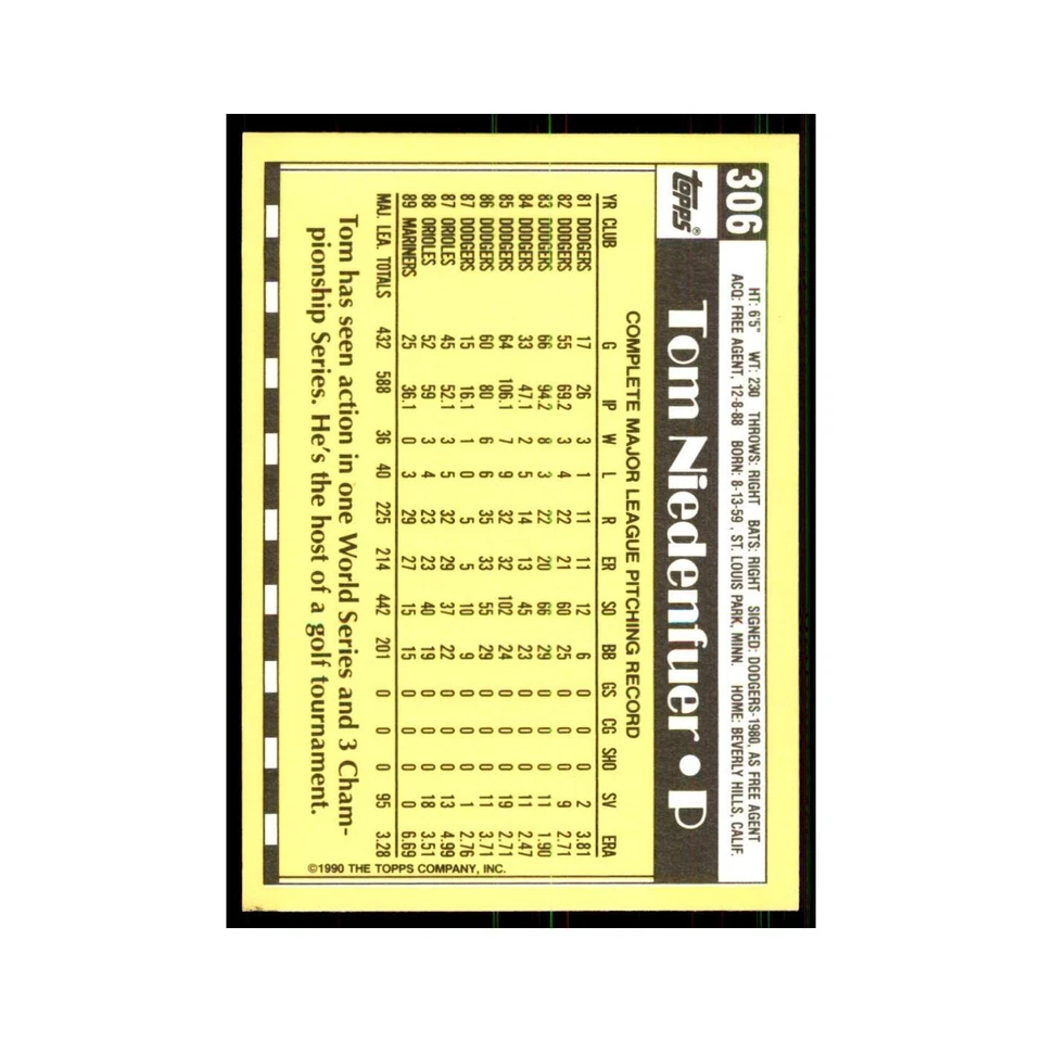 Tom Niedenfuer 1990 Topps Tiffany #306 Seattle Mariners Baseball Card NM - Image 2 of 3