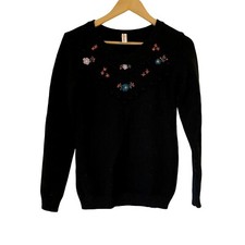 Love Hanna/Hanna Andersson Black Knit Sweater with Embroidered Flowers Crew Neck