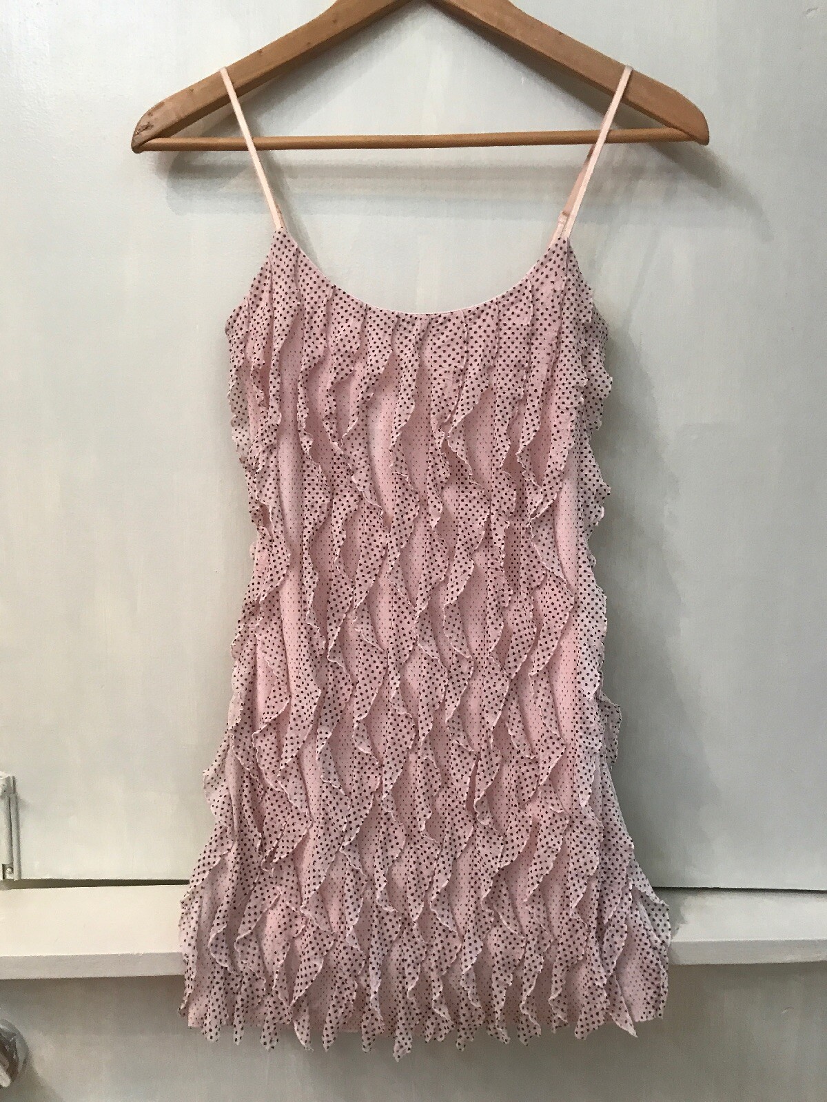 WET SEAL Pink Black Polka Dot Spaghetti Strap Ruffled Tank Top