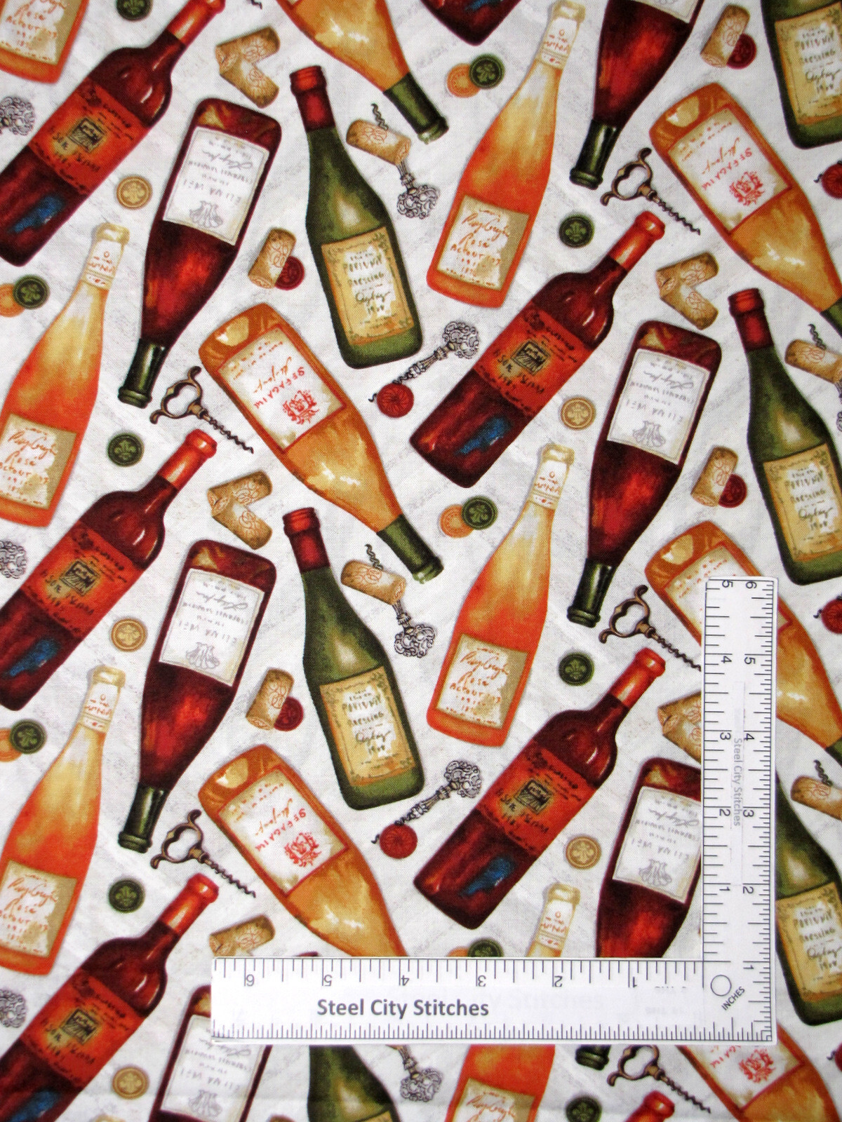 After Five Wine Bottle Corkscrew Toss Fabric Vineyard Cotton by Henry Glass Yard