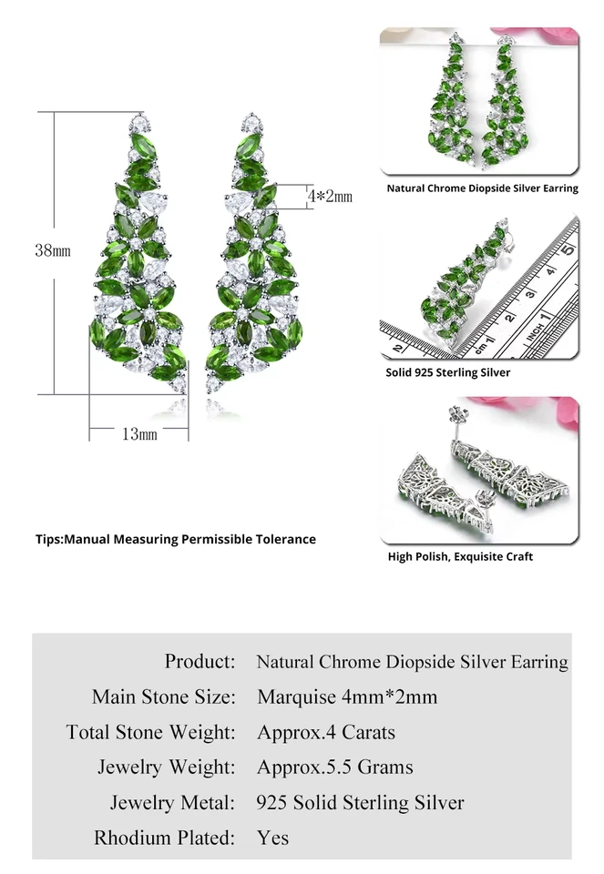 Pendientes colgantes de flores de plata 925 con piedras preciosas de diopsido de cromo natural de 4 quilates Foto 4 de 4