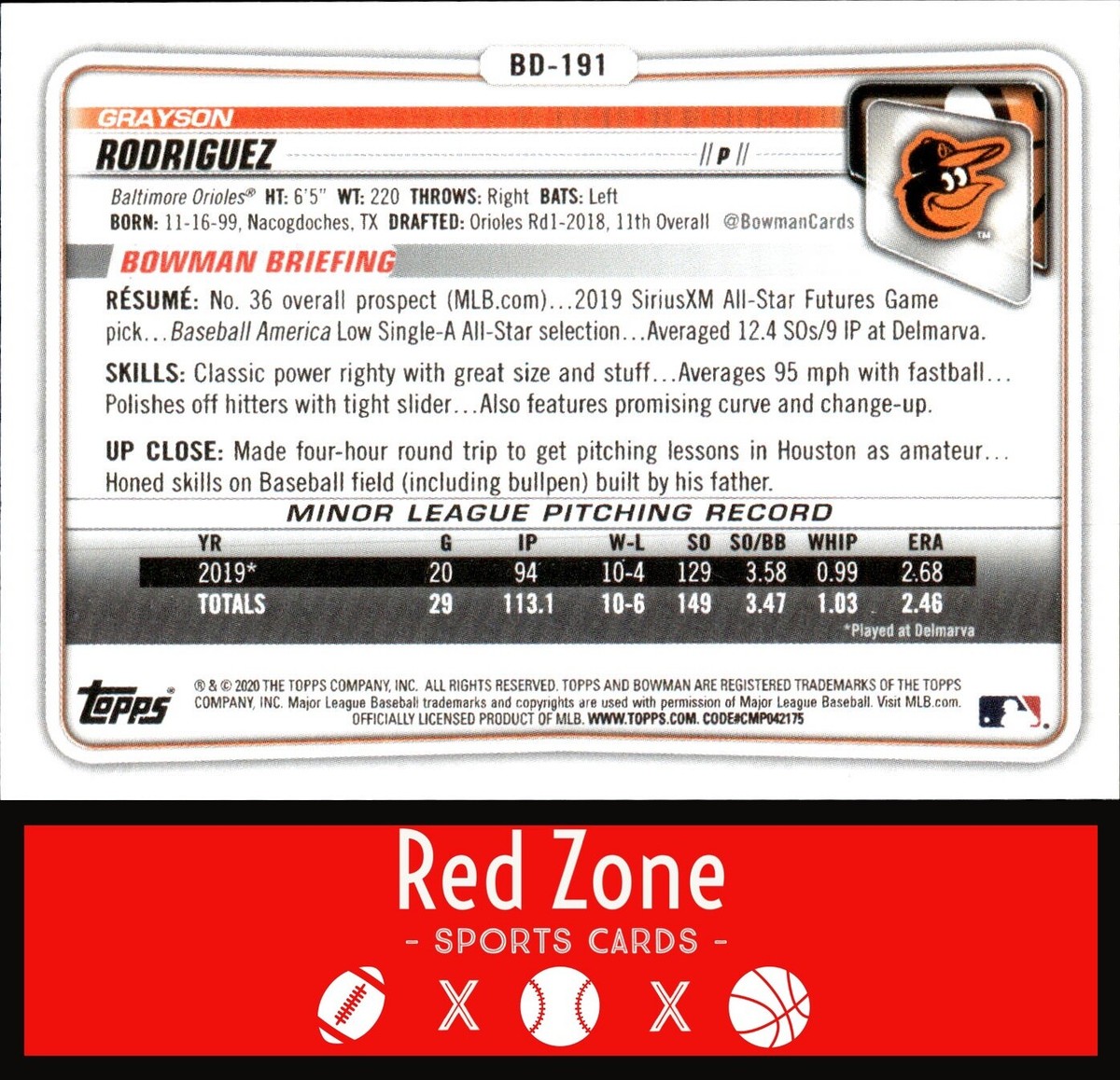 2020 Bowman Draft - #BD-191 Grayson Rodriguez NM/NM+