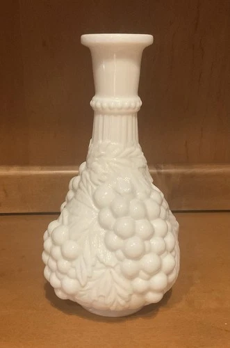 VTG Imperial Glass White Milk Glass Decanter With Raised Grape & Leaf Design