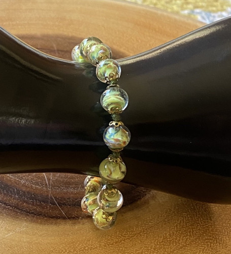 Vintage Murano Venetian Glass Beaded Bracelet Green Gold Fleck