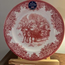Royal Stafford Set/4 Christmas SANTA'S SLEIGH RED Porcelain 11" Dinner Plate NEW