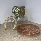 Vintage Frankoma Wagon Wheel Creamer, horse shoe & cattle brand trivet