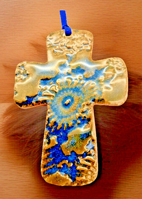 Cross Studio Pottery Stamped Design Artisan Religion Hand Painted 3'' Ornament