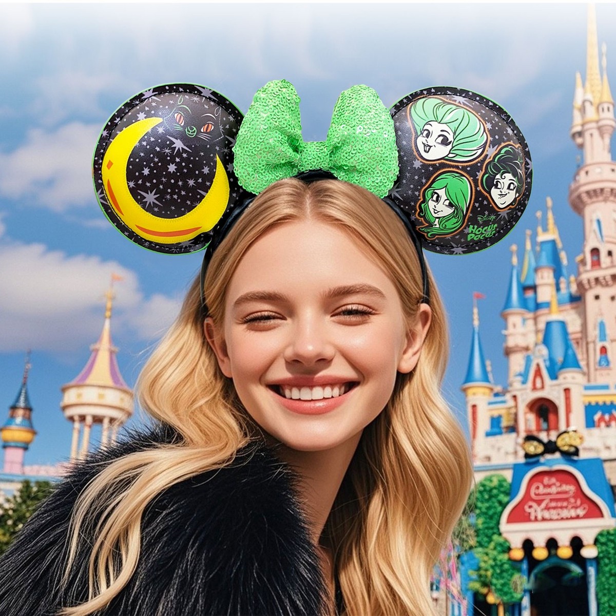 Disney Parks Hocus Pocus Minnie Ears Sarah Sanderson Sequin Halloween CosplayHat Disney~park Hocus Pocus Sanderson Sisters Minnie Mouse Green  main image 2