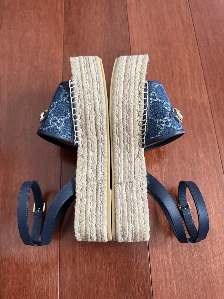Gucci GG Logo Paloma Horsebit Platform Espadrille Sandals Denim
