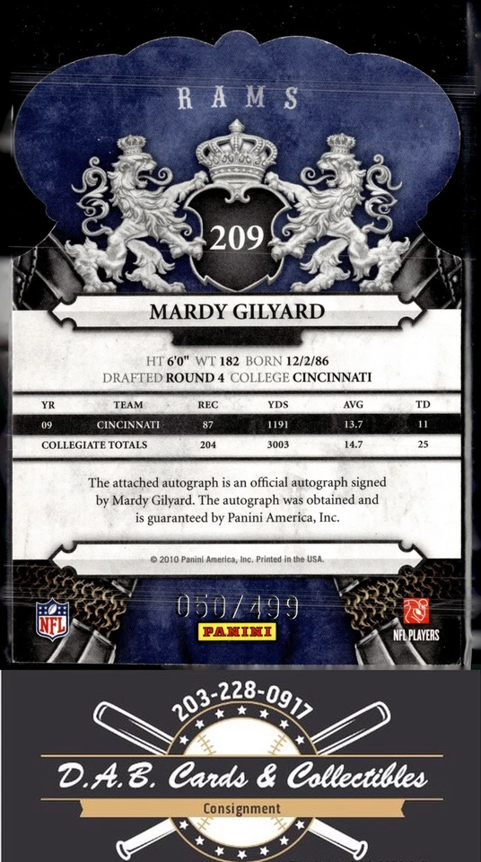 2010 Panini Crown Royale #209 Mardy Gilyard Rookie Auto #/499 St. Louis Rams - Image 2 of 2