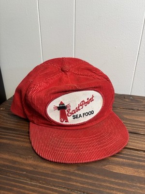 VTG East Point Seafood Red Corduroy Trucker Hat SnapBack Patch 80s