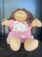 ❤️VTG Signed  Cabbage Patch Doll 1982 Brown Hair And Eyes Pink Gingham Dress
