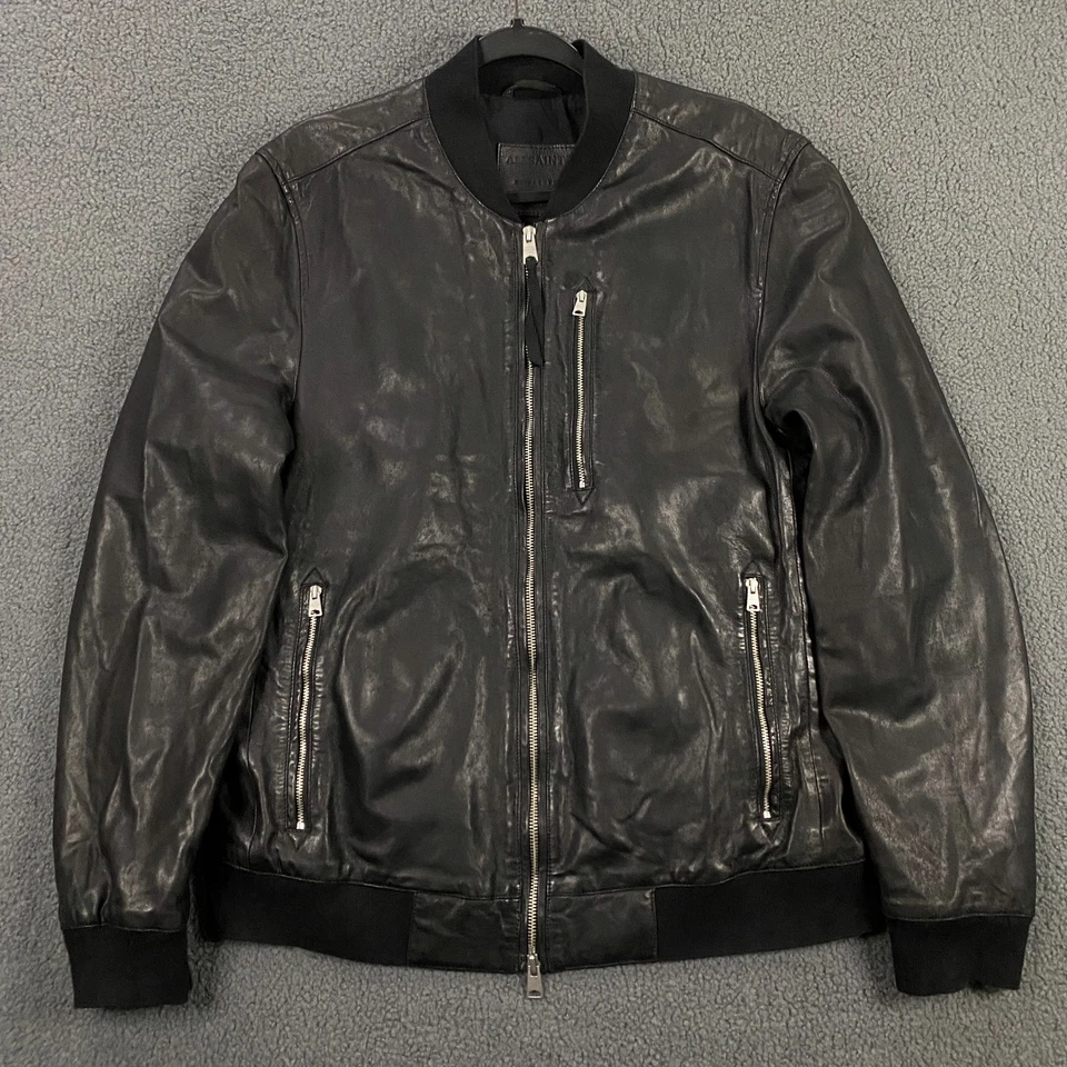 Chaqueta de bombardero de cuero AllSaints Kino para hombre XL motociclista grunge oveja negra Foto 2 de 4