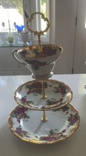 Handmade Dessert 3 Tiered Teacup Plates Porcelain Cake Stand Gold Trim Vintage