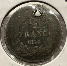 1834 1/2 Francs France Silver Coin - Louis Philippe I - Holed