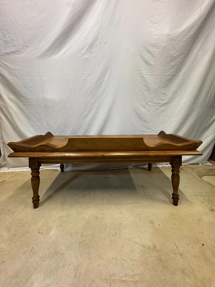 Vintage Colonial Dough Box Style Coffee Table Tray Top Scalloped Edge 42x20 - Image 3 of 4