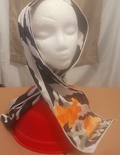Vintage Vera Neumann Scarf 70s Signed Floral Bias Cut Black White Orange Mod MCM