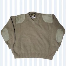Barbour Olive Wool Suede Patch V-Neck Pullover Sweater Men Size 58-48/112cm