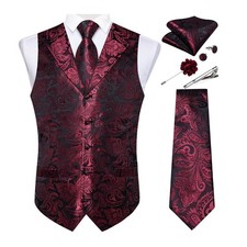 Mens Vest Tie Set 7PCS Silk Paisley Suit Waistcoat and Necktie Hankerchief Cu...
