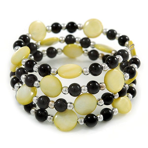 Acrylic & Shell Bead Coil Flex Bangle Bracelet (Lime Green and Black) -