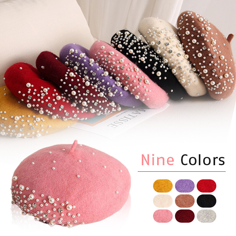 Women Girls Pearl Rhinestone Wool Beret French Warm Beanies  display picture 1