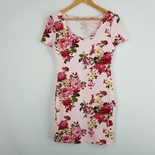 Shein Womens Size M 10 Pale Pink Rose Print Bodycon Stretch Dress