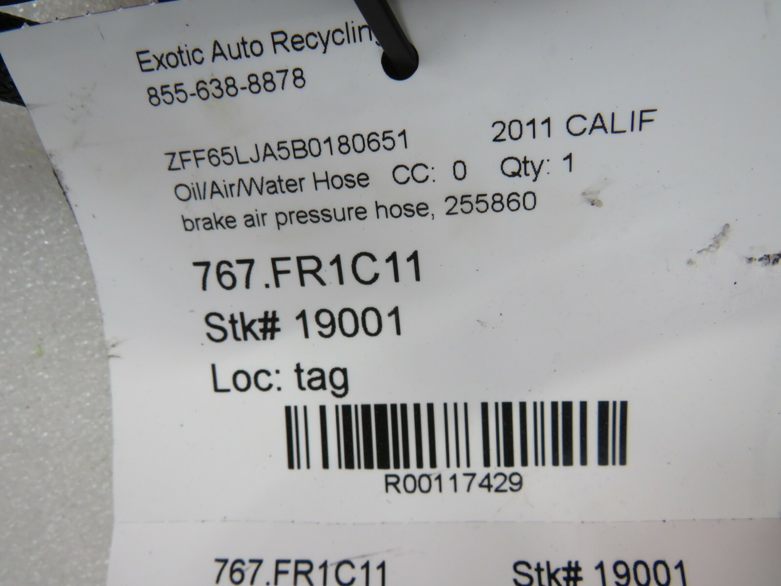 Ferrari California, Brake Air Pressure Hose, Used, P/N 255860