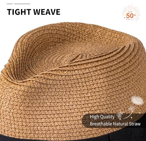Straw Fedora Hat for Women Men Short Brim Panama Hat Roll Up Medium Khaki - Picture 3 of 7