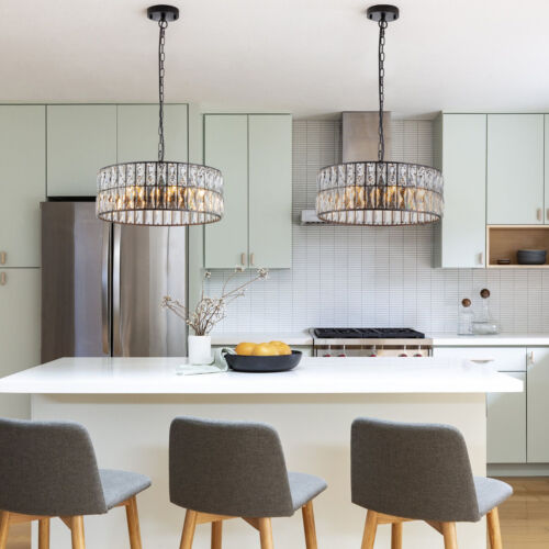18" Modern K9 Crystal Chandelier Black Round Drum Pendant Light Ceiling Fixture - Picture 8 of 10